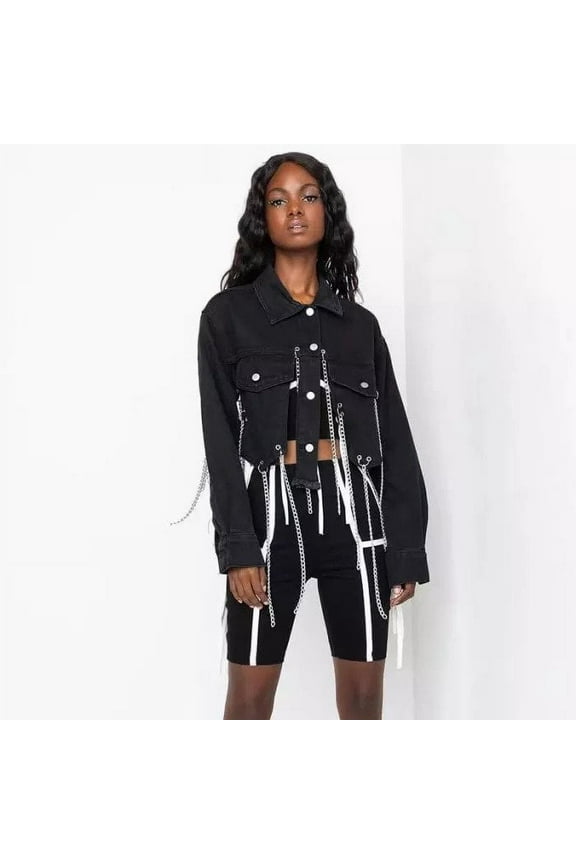 NYC Dollhouse Denim Ripped Distressed Jean Jacket for Women w/ Chains