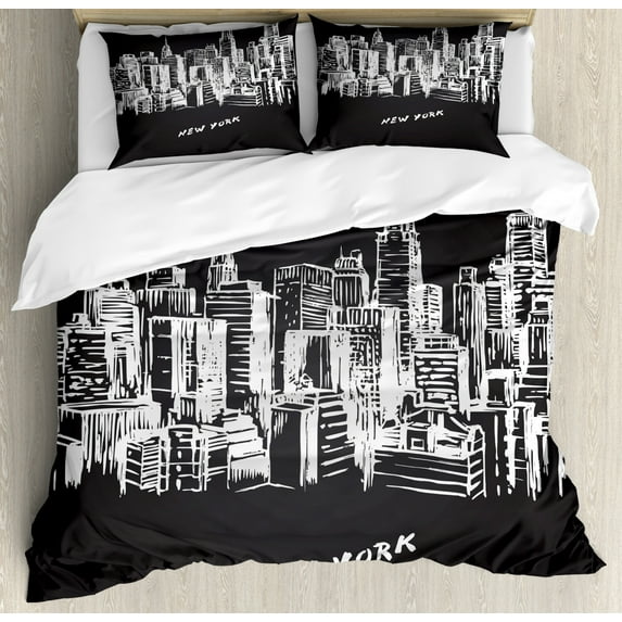 NYC Duvet Cover Set King Size, Modern and Metropolitan Hand Drawn City Buildings New York Calligraphy, Decorative 3 Piece Bedding Set with 2 Pillow Shams, Charcoal Grey and White, by Ambesonne