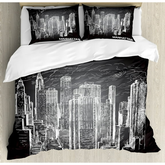 NYC Duvet Cover Set King Size, New York Manhattan Typography with Sketchy Buildings Contemporary Print, Decorative 3 Piece Bedding Set with 2 Pillow Shams, Charcoal Grey and White, by Ambesonne