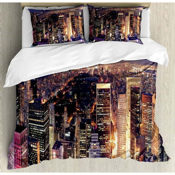 NYC Duvet Cover Set Queen Size, New York Big Apple Fascinating Panoramic Aerial Photo at Night City Theme Print, Decorative 3 Piece Bedding Set with 2 Pillow Shams, Multicolor, by Ambesonne