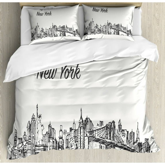 NYC Duvet Cover Set Queen Size, Simplistic Sketch of New York City Skyline Manhattan Bridge Lady Liberty, Decorative 3 Piece Bedding Set with 2 Pillow Shams, Off White Charcoal Grey, by Ambesonne