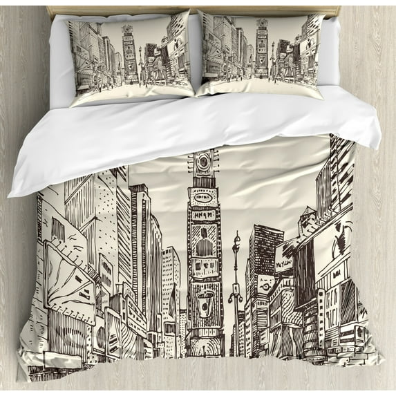 NYC Duvet Cover Set Queen Size, Sketchy Engraving Style Drawing of Times Square Urban Famous Scene Towers Print, Decorative 3 Piece Bedding Set with 2 Pillow Shams, Eggshell Taupe, by Ambesonne