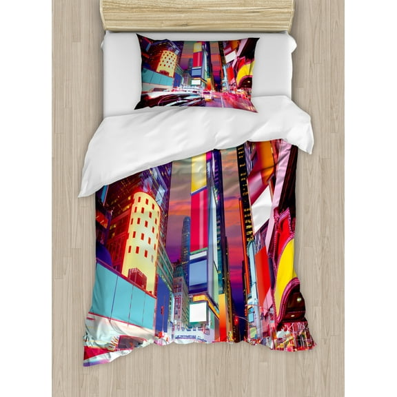 NYC Duvet Cover Set Twin Size, Extremely Colorful Night View in Famous Times Square New York Urban Theme Photo, Decorative 2 Piece Bedding Set with 1 Pillow Sham, Multicolor, by Ambesonne
