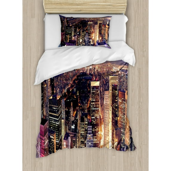 NYC Duvet Cover Set Twin Size, New York Big Apple Fascinating Panoramic Aerial Photo at Night City Theme Print, Decorative 2 Piece Bedding Set with 1 Pillow Sham, Multicolor, by Ambesonne