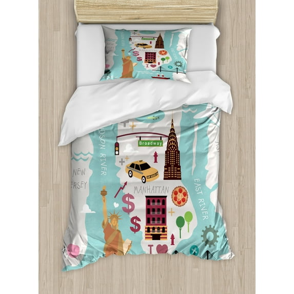 NYC Duvet Cover Set Twin Size, New York Infographic Cartography with Famous Landmarks Doodle Style Illustration, Decorative 2 Piece Bedding Set with 1 Pillow Sham, Multicolor, by Ambesonne