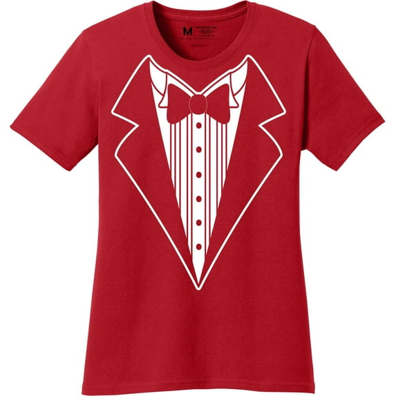 NYC FACTORY Ladies Tuxedo Tee Red, Button Design, S
