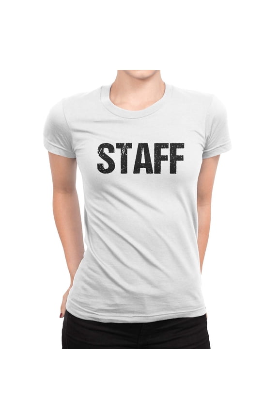 Ladies Staff Tee Screen Printed Front & Back Distressed Design Medium