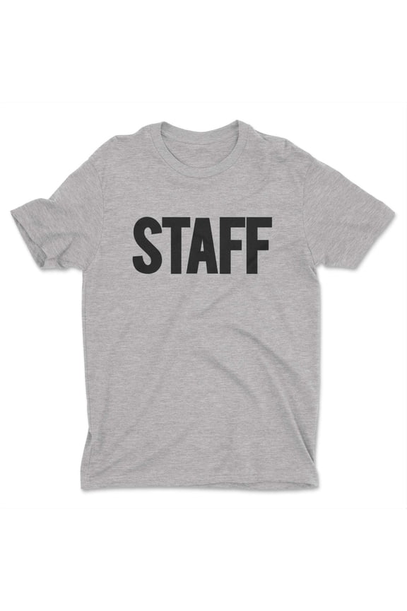 Men's Staff T-Shirt Front Back Print Tee Event Uniform Screen Printed Tshirt Heather Gray, Large