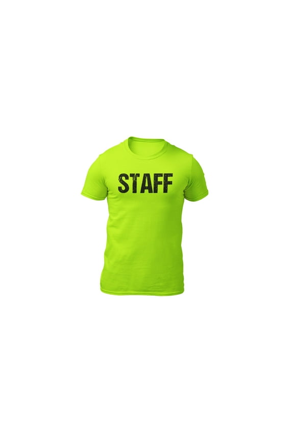 Official Neon Staff T-Shirt Front & Back Print Mens Event Shirt Yellow Tee 4-XL