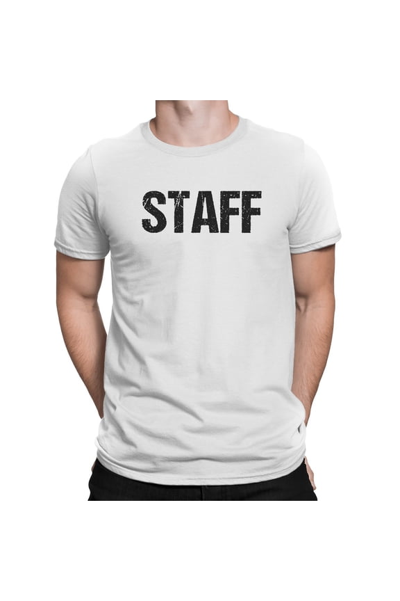 Staff T-Shirt White Mens Tee Staff Event Shirt Front & Back Screen Printed Small
