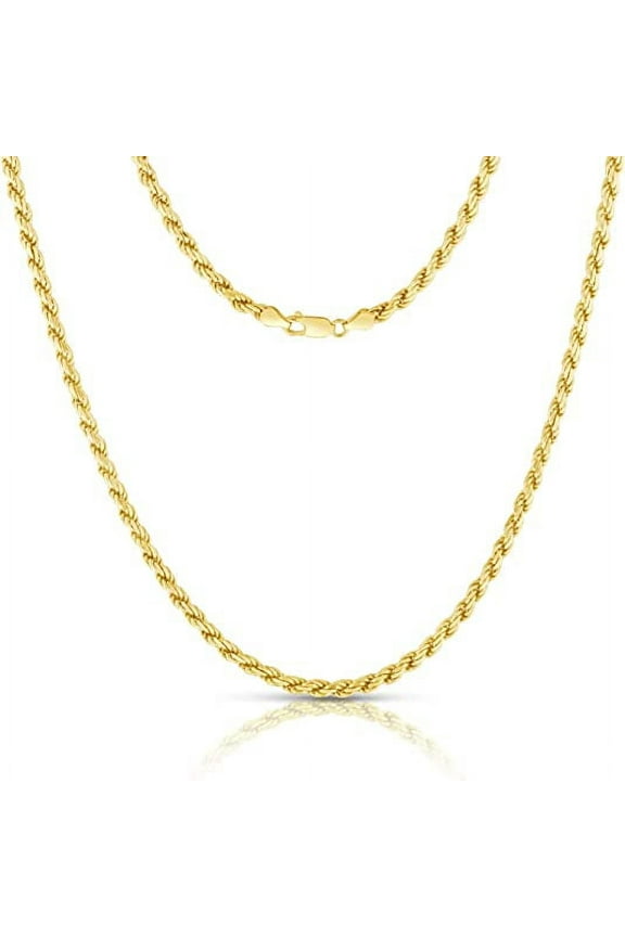 NYC Gold Plated Sterling Silver Rope Diamond-Cut Necklace Chains 1mm-5mm and 16 Inch to 24 Inch, Best Unisex Gift for Men & Women