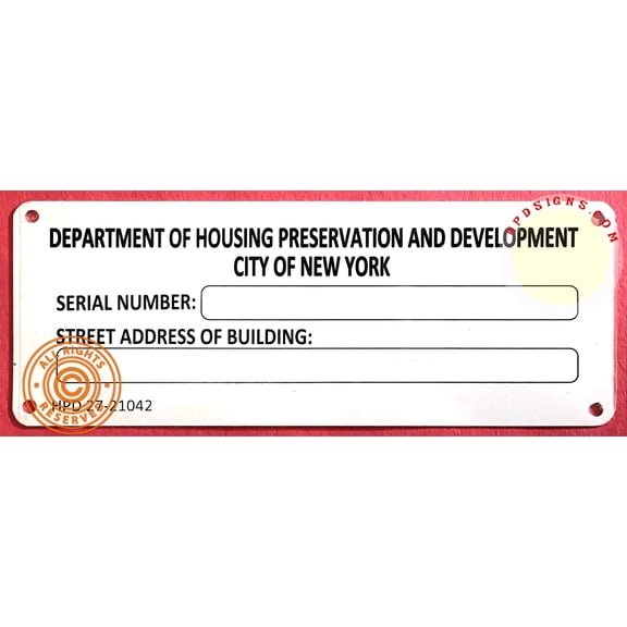 NYC HPD Serial Number Sign (White, 3x8 inch, Aluminium,Rust Free) (ref-2201)