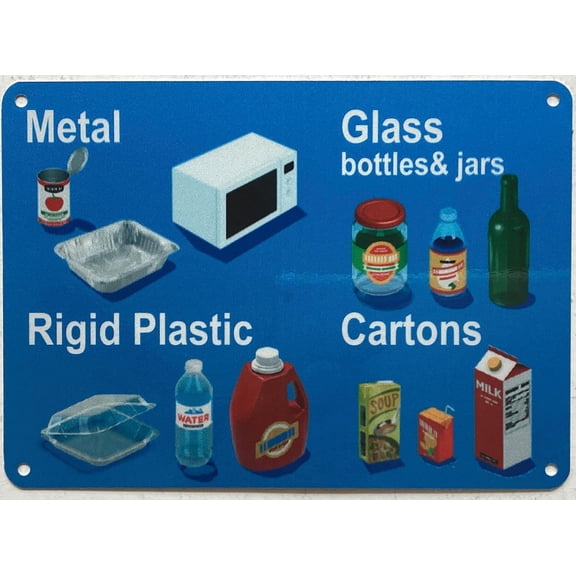 NYC RECYCLING SIGN METAL GLASS PLASTIC CARTONS SIGN (BLUE,REFLECTIVE, ALUMINIUM-RUST FREE, SIZE 5X7 INCH)