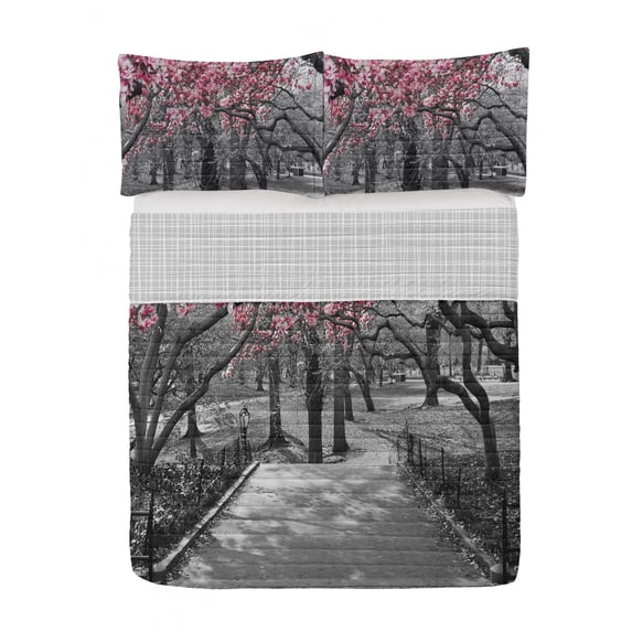NYC Reversible Bedspread Set, Blossoms in Central Park Landscape Cherry Trees Forest Spring Season Picture, Pillow Shams & Comforter Microfiber Bedding Set, 3 Sizes, Magenta Grey, by Ambesonne