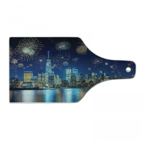 NYC Scene Cutting Board, Image of Nighttime Celebration During New Years Eve Fireworks, Decorative Tempered Glass Cutting and Serving Board, in 3 Sizes, by Ambesonne
