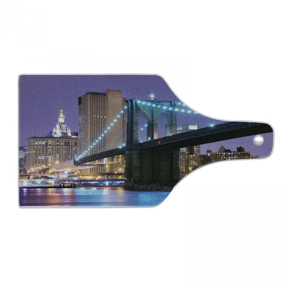 NYC Scene Cutting Board, Pattern of Bridge Spans the East River Towards Manhattan Violet Sky, Decorative Tempered Glass Cutting and Serving Board, in 3 Sizes, by Ambesonne