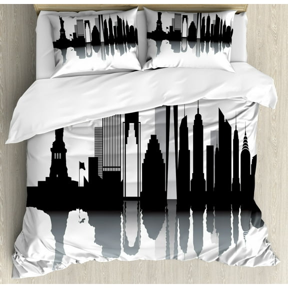 NYC Scene Duvet Cover Set King Size, Monochrome Famous Building Silhouettes Liberty Monumental, Decorative 3 Piece Bedding Set with 2 Pillow Shams, Charcoal Grey White and Pale Grey, by Ambesonne