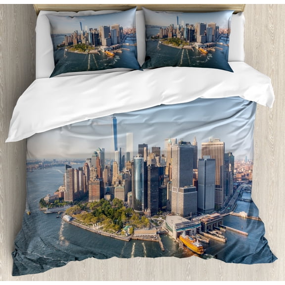 NYC Scene Duvet Cover Set King Size, Real Life Image of Downtown Aerial View Panoramic Cityscape Landmark Manhattan, Decorative 3 Piece Bedding Set with 2 Pillow Shams, Multicolor, by Ambesonne