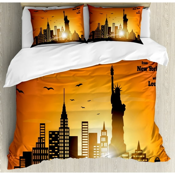 NYC Scene Duvet Cover Set, New York with Love Calligraphy Sunset, Decorative 3 Piece Bedding Set with 2 Pillow Shams, Queen Size, Burnt Orange Dark Grey, by Ambesonne