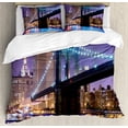 thumbnail image 1 of NYC Scene Duvet Cover Set, Pattern of Bridge Spans the East River Towards Manhattan Violet Sky, Decorative 3 Piece Bedding Set with 2 Pillow Shams, King Size, Blue Violet Multicolor, by Ambesonne, 1 of 3