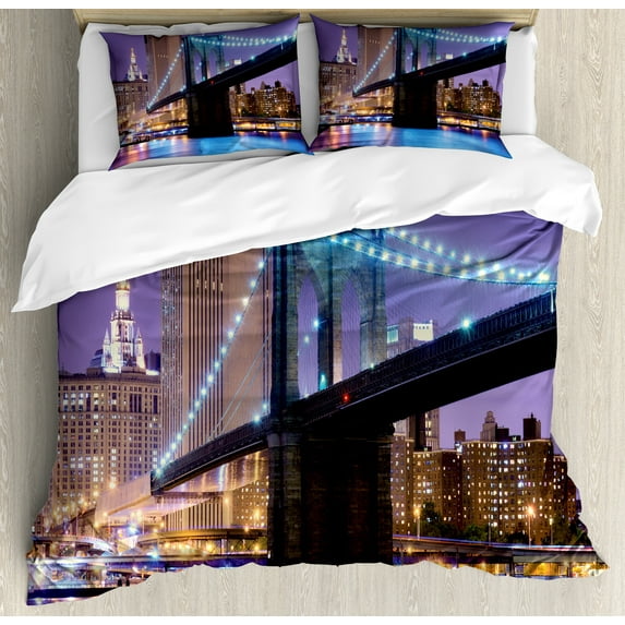 NYC Scene Duvet Cover Set, Pattern of Bridge Spans the East River Towards Manhattan Violet Sky, Decorative 3 Piece Bedding Set with 2 Pillow Shams, King Size, Blue Violet Multicolor, by Ambesonne