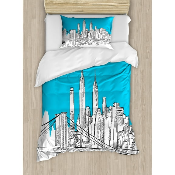 NYC Scene Duvet Cover Set, Sketchy Pencil Drawn Brooklyn Bridge Illustrated by Hand, Decorative 2 Piece Bedding Set with 1 Pillow Shams, Twin Size, Sky Blue Charcoal Grey, by Ambesonne