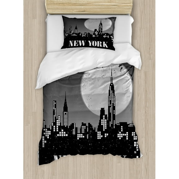 NYC Scene Duvet Cover Set, Typography Illustrated in a Grunge Style Nighttime City Setting, Decorative 2 Piece Bedding Set with 1 Pillow Shams, Twin Size, Grey Pale Grey, by Ambesonne