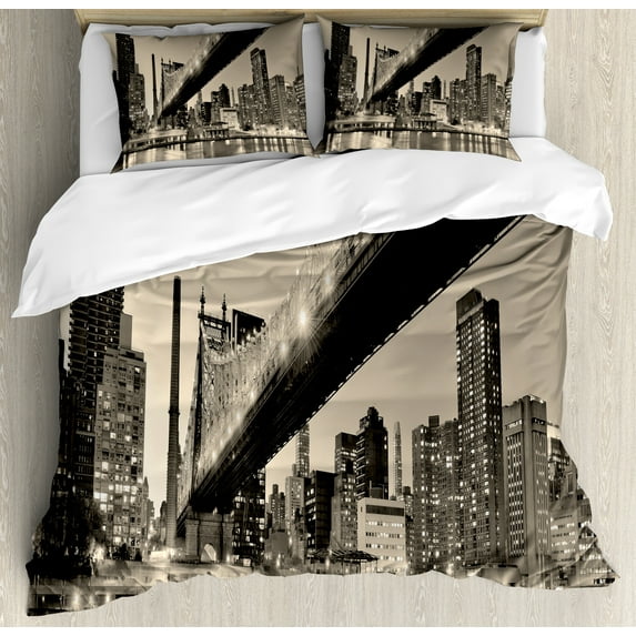 NYC Scene Duvet Cover Set, Vintage Style Old Picturesque Queensboro Bridge, Decorative 3 Piece Bedding Set with 2 Pillow Shams, King Size, Grey Mustard, by Ambesonne