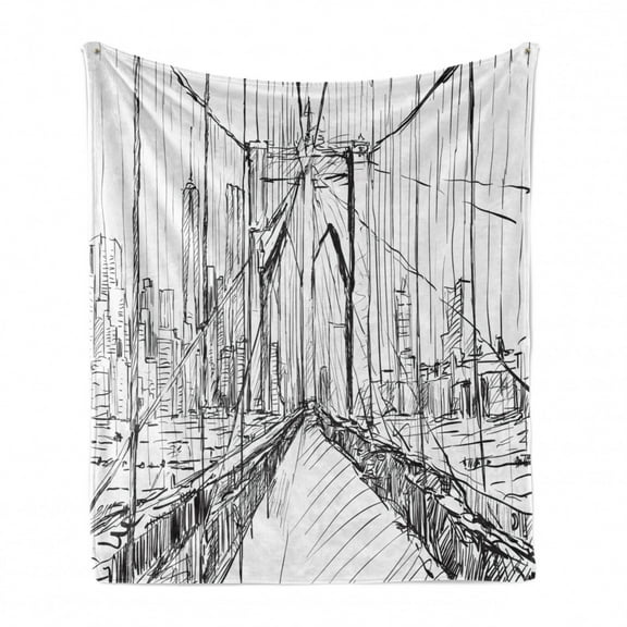 NYC Scene Soft Flannel Fleece Blanket, Creative Sketchy Artwork of Monotone Bridge Silhouette Scribbled by Hand, Cozy Plush for Indoor and Outdoor Use, 50" x 60", Charcoal Grey White, by Ambesonne