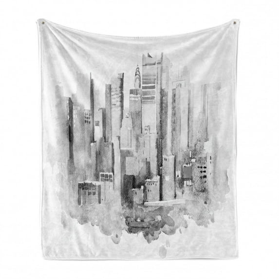 NYC Scene Soft Flannel Fleece Throw Blanket, Watercolor Interpretation of New York Cityscape United States, Cozy Plush for Indoor and Outdoor Use, 50" x 70", Dark Grey Pale Taupe, by Ambesonne