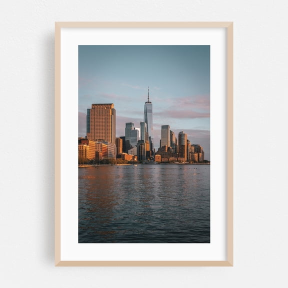NYC Skyline from Pier 34 01 - Manhattan New York Photography City Skyline Architecture Sunset Travel Poster Modern Art Oak Framed Wall Art Print 5 x 7 inches