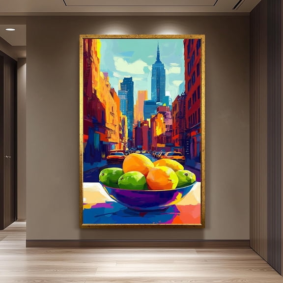 NYC Skyline Pop Art Print Citrus Still Life, Modern Colorful Wall Art for Living Room or Kitchen Contemporary Urban Inspired Home Decoration, Unframed Paper Poster 8x10in