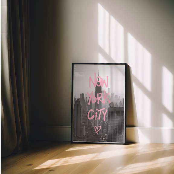 NYC Skyline Print: Pink Graffiti, Urban Chic Home Decor, Poster Only
