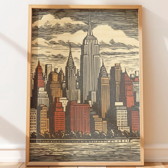 NYC Skyline Retro Lino Vintage Of New York Folk Art Style Travel Mid-Century Classic Decorative Wall Art Poster , Poster Print Only