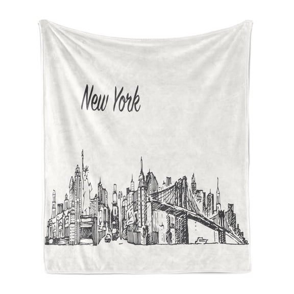 NYC Soft Flannel Fleece Blanket, Simplistic Sketch of New York City Skyline Manhattan Bridge Lady Liberty, Cozy Plush for Indoor and Outdoor Use, 70" x 90", Off White Charcoal Grey, by Ambesonne