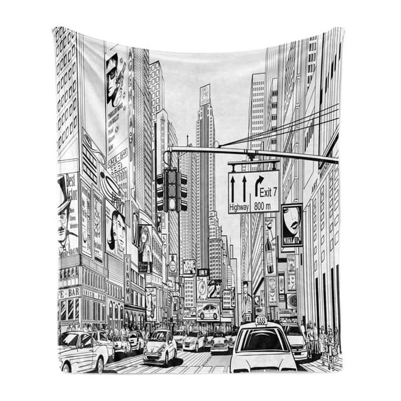 NYC Soft Flannel Fleece Blanket, Street of New York Urban Scenery Monochrome Sketch Cars People Buildings, Cozy Plush for Indoor and Outdoor Use, 50" x 70", Charcoal Grey and White, by Ambesonne