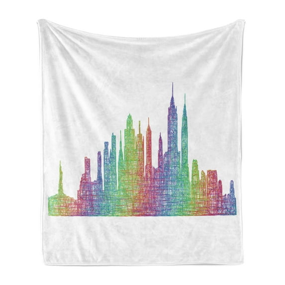 NYC Soft Flannel Fleece Throw Blanket, Colorful New York City USA Skyline Creative Hatched Line Art Sketchy Illustration, Cozy Plush for Indoor and Outdoor Use, 70" x 90", Multicolor, by Ambesonne