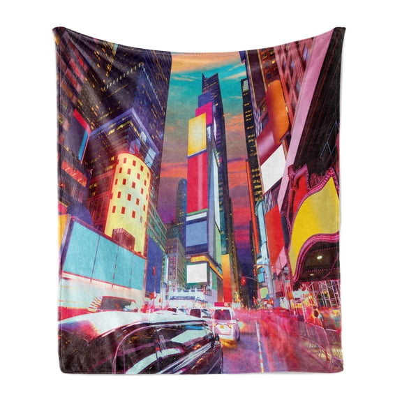NYC Soft Flannel Fleece Throw Blanket, Extremely Colorful Night View in Famous Times Square New York Urban Theme Photo, Cozy Plush for Indoor and Outdoor Use, 60" x 80", Multicolor, by Ambesonne