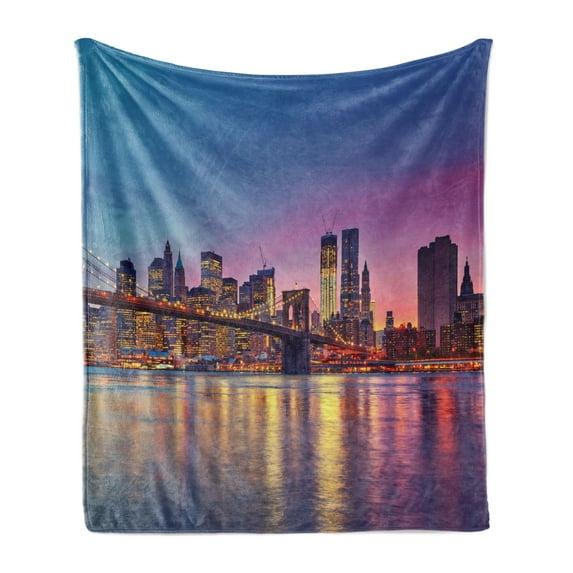 NYC Soft Flannel Fleece Throw Blanket, Manhattan New York City Fascinating View of Skyscrapers with Theme Vivid Dusk Photo, Cozy Plush for Indoor and Outdoor Use, 50" x 60", Multicolor, by Ambesonne