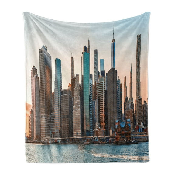 NYC Soft Flannel Fleece Throw Blanket, Manhattan New York City Skyline and Shore with Vibrant Colored Sunset Panorama, Cozy Plush for Indoor and Outdoor Use, 70" x 90", Multicolor, by Ambesonne