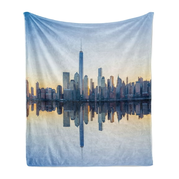 NYC Soft Flannel Fleece Throw Blanket, Manhattan Skyline with Freedom Tower Reflection on Water Shore Urban Scenery Photo, Cozy Plush for Indoor and Outdoor Use, 70" x 90", Multicolor, by Ambesonne