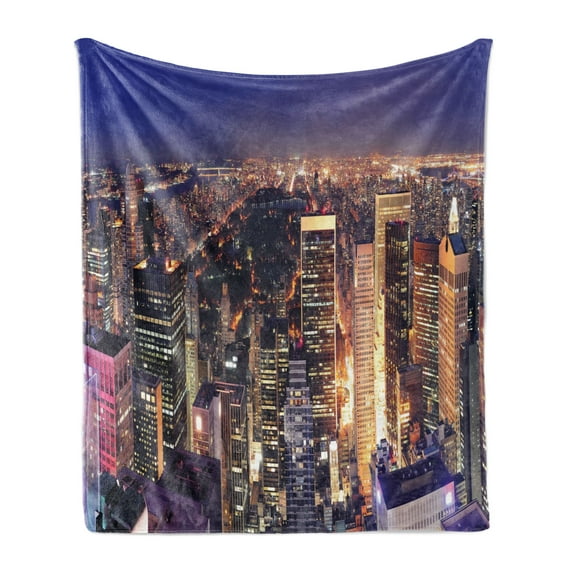NYC Soft Flannel Fleece Throw Blanket, New York Big Apple Fascinating Panoramic Aerial Photo at Night City Theme Print, Cozy Plush for Indoor and Outdoor Use, 50" x 70", Multicolor, by Ambesonne