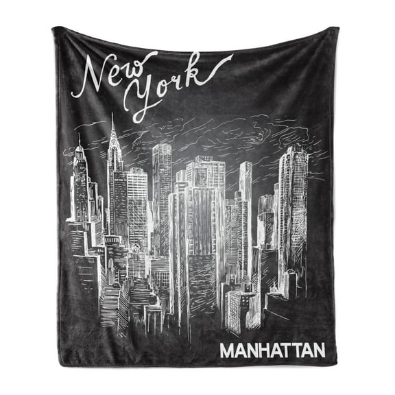NYC Soft Flannel Fleece Throw Blanket, New York Manhattan Typography with Sketchy Buildings Contemporary Print, Cozy Plush for Indoor and Outdoor Use, 50" x 60", Charcoal Grey and White, by Ambesonne