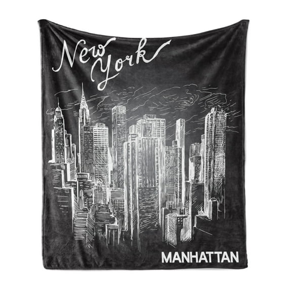 NYC Soft Flannel Fleece Throw Blanket, New York Manhattan Typography with Sketchy Buildings Contemporary Print, Cozy Plush for Indoor and Outdoor Use, 70" x 90", Charcoal Grey and White, by Ambesonne