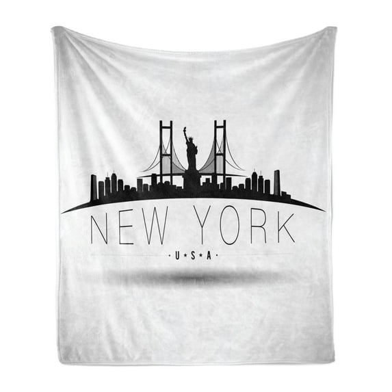 NYC Soft Flannel Fleece Throw Blanket, New York USA Calligraphy with Brooklyn Bridge Liberty Silhouettes, Cozy Plush for Indoor and Outdoor Use, 50" x 70", Pale Grey Charcoal Grey, by Ambesonne