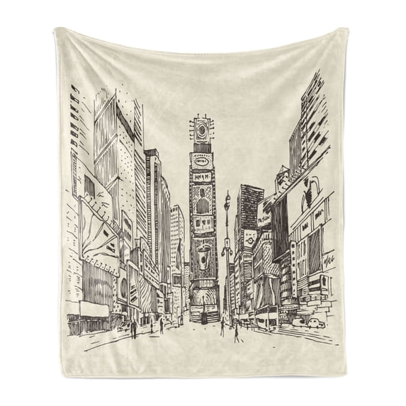 NYC Soft Flannel Fleece Throw Blanket, Sketchy Engraving Style Drawing of Times Square Urban Famous Scene Towers Print, Cozy Plush for Indoor and Outdoor Use, 60" x 80", Eggshell Taupe, by Ambesonne