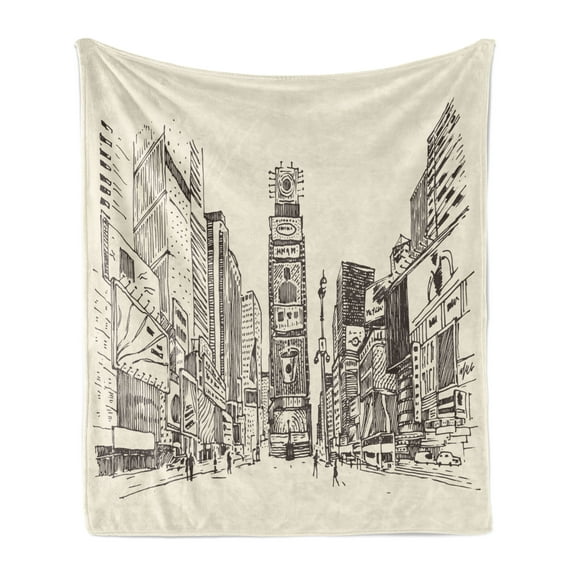 NYC Soft Flannel Fleece Throw Blanket, Sketchy Engraving Style Drawing of Times Square Urban Famous Scene Towers Print, Cozy Plush for Indoor and Outdoor Use, 70" x 90", Eggshell Taupe, by Ambesonne