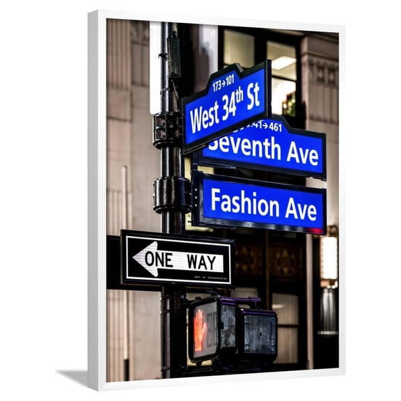 NYC Street Signs in Manhattan by Night  34th Street, Seventh Avenue and Fashion Avenue Signs, Framed Art Print Wall Art by Philippe Hugonnard Sold by Art.Com