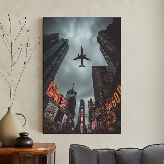 NYC Times Square Airplane Moody Cityscape Poster, Stretched Canvas 16x20in