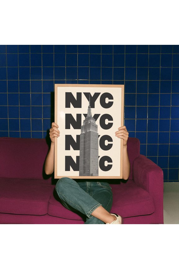 NYC Typography Wall Art Black And White Empire State Building Photo, Unframed Canvas 8x10in